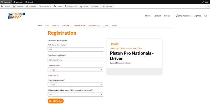 Participant Registration Product Page